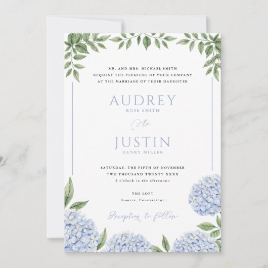 Invitation Fleurs d'Hydrangée Bleue, Mariage Cimier Personnal (Devant)