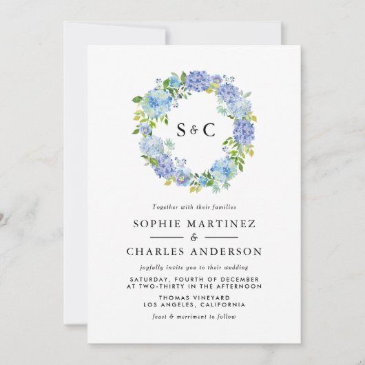 Invitation Fleurs d'Hydrangée Bleue Mariage de couronne (Devant)