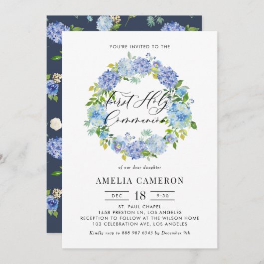 Invitation Fleurs d'Hydrangée Bleue Wreath Première Communion (Devant / Derrière)