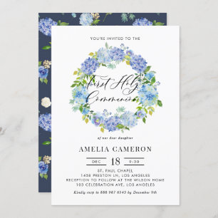 Invitation Fleurs d'Hydrangée Bleue Wreath Première Communion