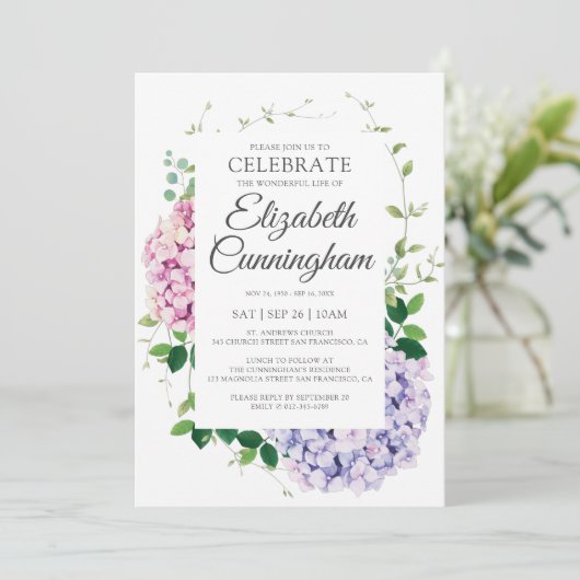 Invitation Fleurs d'Hydrangée Feuillage Woodsy Mémorial moder (Debout devant)