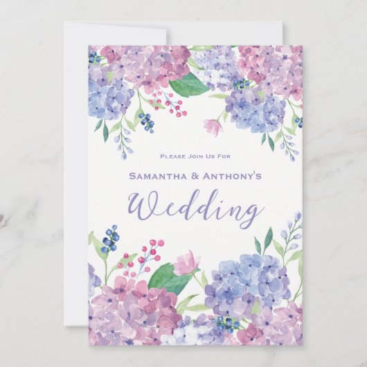 Invitation Fleurs d'Hydrangée, Pourpre doux, Bleu, Mariage (Devant)