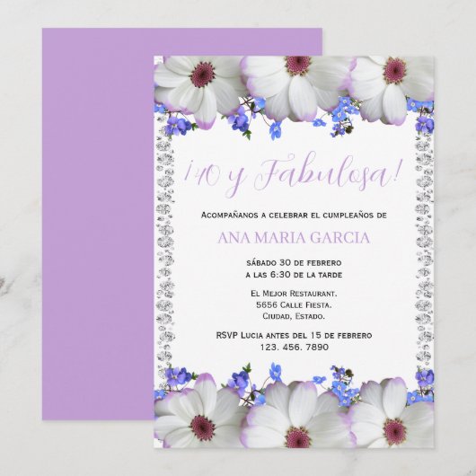 Invitation Fleurs & Diamants 40e Anniversaire Espagnol (Devant / Derrière)