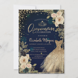Invitation Fleurs,Diamants,Robe Bleue Quinceañera