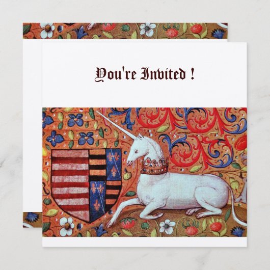 INVITATION FLEURS D'IMAGINAIRE MÉDIÉVAL UNICORN, FLEURS BLANC (Devant / Derrière)