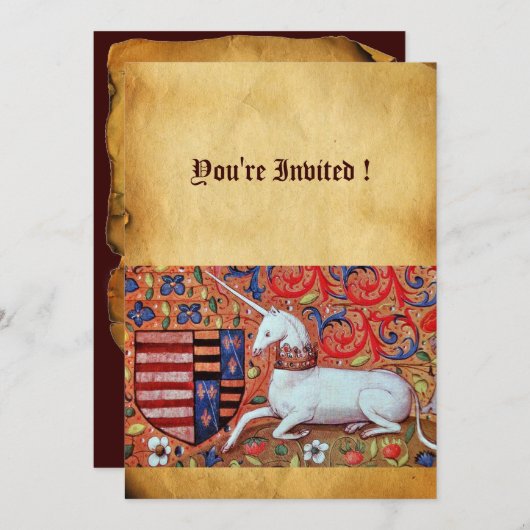 INVITATION FLEURS D'IMAGINAIRE MÉDIÉVAL UNICORN, PARCHEMENT F (Devant / Derrière)