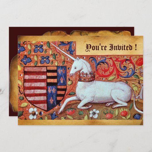 INVITATION FLEURS D'IMAGINAIRE MÉDIÉVAL UNICORN, PARCHEMENT F (Devant / Derrière)