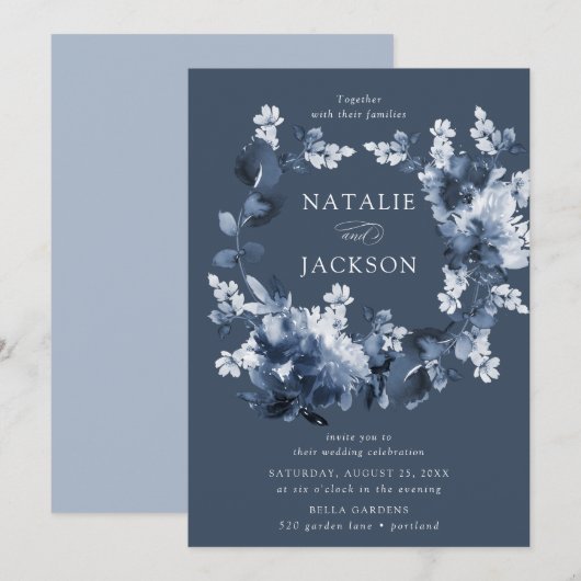 Invitation Fleurs d'Indigo Abstraites | Mariage (Devant / Derrière)