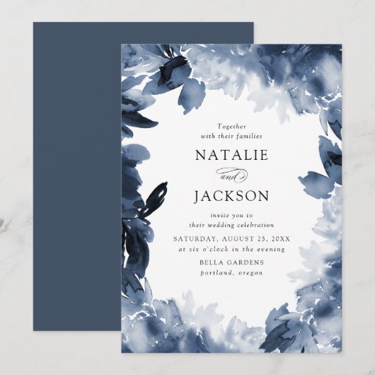 Invitation Fleurs d'Indigo Abstraites | Mariage (Devant / Derrière)