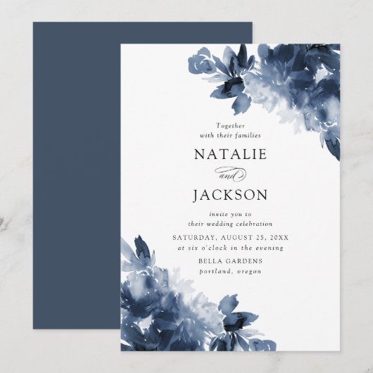 Invitation Fleurs d'Indigo Abstraites | Mariage (Devant / Derrière)