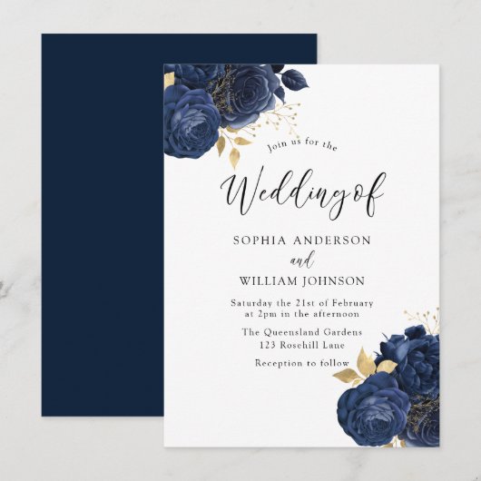 Invitation Fleurs d'Indigo de la Marine Élégant Mariage Toute (Devant / Derrière)