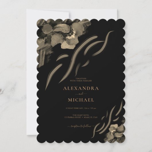 Invitation Fleurs d'Iris Dorés de luxe Mariage noir (Devant)