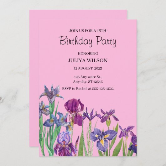 Invitation Fleurs d'Iris fête d'anniversaire (Devant / Derrière)