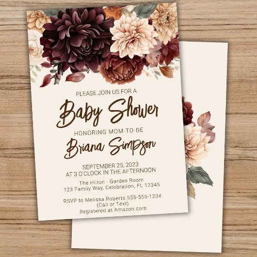 Invitation Fleurs d'ivoire beige Brown Baby shower floral