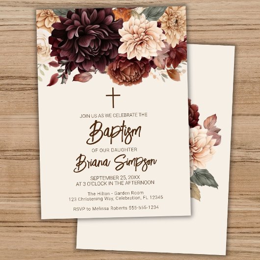 Invitation Fleurs d'ivoire beige Brown Baptême floral