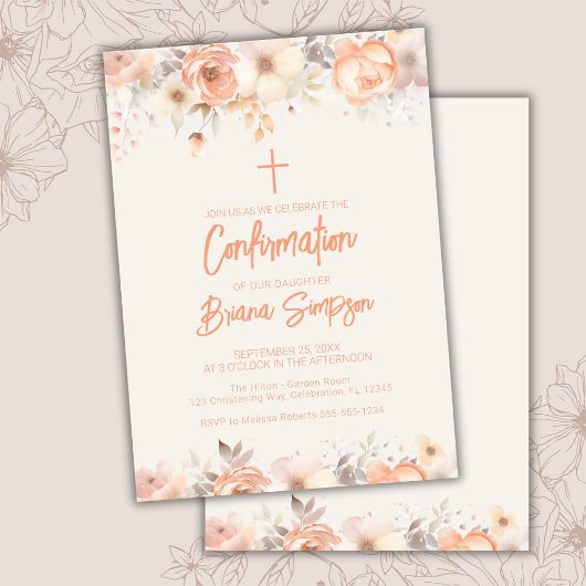 Invitation Fleurs d'ivoire beige de Pêche Confirmation floral