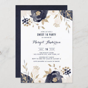 Invitation Fleurs d'ivoire et de la marine Sweet sixteen d'or