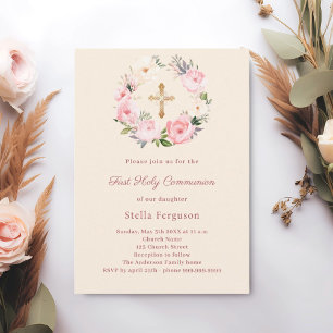 Invitation Fleurs d'ivoire rosé croix Première Communion