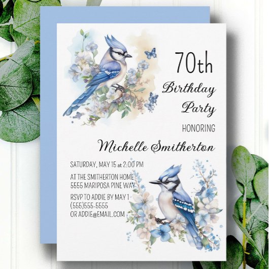 Invitation Fleurs d'oiseau geai bleu Printemps 70e anniversai