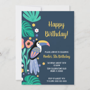 Invitation Fleurs d'oiseaux tropicales toucans colorées Anniv