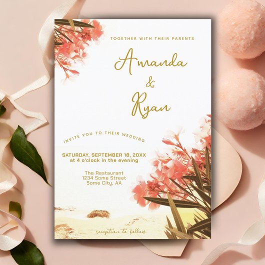 Invitation Fleurs d'oléandre orange sur le mariage à la plage