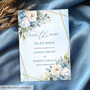 Invitation Fleurs d'or blanc bleu foncé modernes Enregistrer 