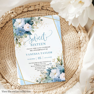 Invitation Fleurs d'or bleu bleu bleu pastel doux 16