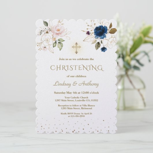 Invitation Fleurs d'or bleu rose lunaire Jumeaux Christening (Debout devant)