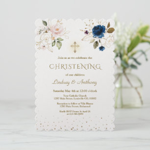 Invitation Fleurs d'or bleu rose lunaire Jumeaux Christening