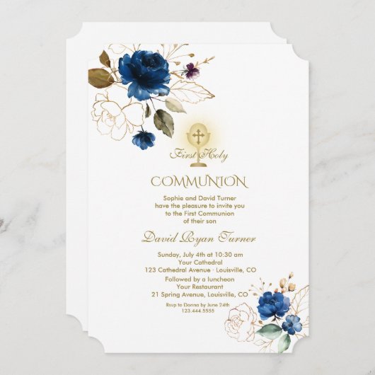 Invitation Fleurs d'or bleu unique Première Communion sainte (Devant / Derrière)