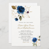 Invitation Fleurs d'or Bleu Whimsical Mariage Monogramme (Devant / Derrière)