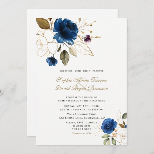 Invitation Fleurs d'or Bleu Whimsical Mariage Monogramme (Devant / Derrière)