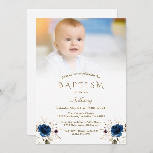 Invitation Fleurs d'or Bleu Whimsical Photo Boy Baptism Inv (Devant / Derrière)