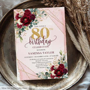 Invitation Fleurs d'or Boho Marsala tendance 80e anniversaire
