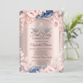 Invitation Fleurs d'or croisées Roses Première communion sain (Debout devant)