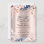 Invitation Fleurs d'or croisées Roses Première communion sain (Devant)