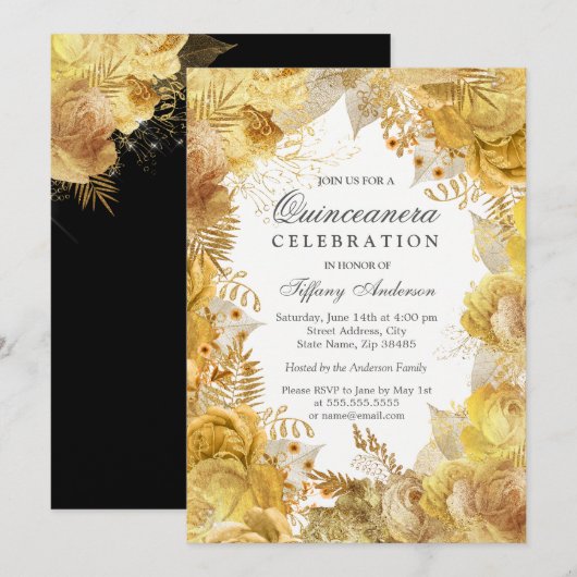 Invitation Fleurs d'or élégantes Quinceanera (Devant / Derrière)