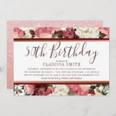 Invitation Fleurs d'or et de Bourgogne rose 50e fête d'annive (Devant / Derrière)