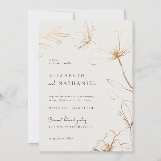 Invitation Fleurs d'or et Mariage papillon simples et élégant (Devant)