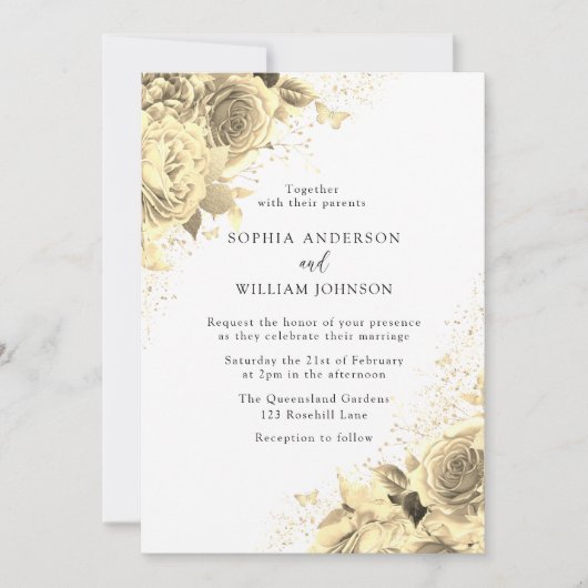 Invitation Fleurs d'or magique avec Parties scintillant Maria (Devant)