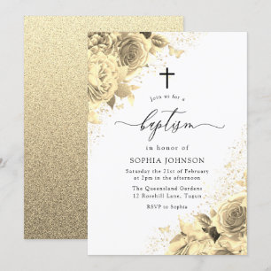 Invitation Fleurs d'or magiques avec Parties scintillant Bapt