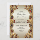 Invitation Fleurs d'or Mariage en pierre rouge (Devant)