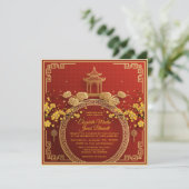 Invitation Fleurs d'or & Pagode Mariage chinois rouge Invitat (Debout devant)