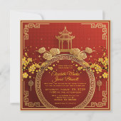 Invitation Fleurs d'or & Pagode Mariage chinois rouge Invitat (Devant)
