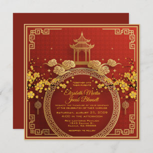 Invitation Fleurs d'or & Pagode Mariage chinois rouge Invitat