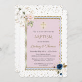 Invitation Fleurs d'or rose bleu Croix Twins Baptême (Devant / Derrière)