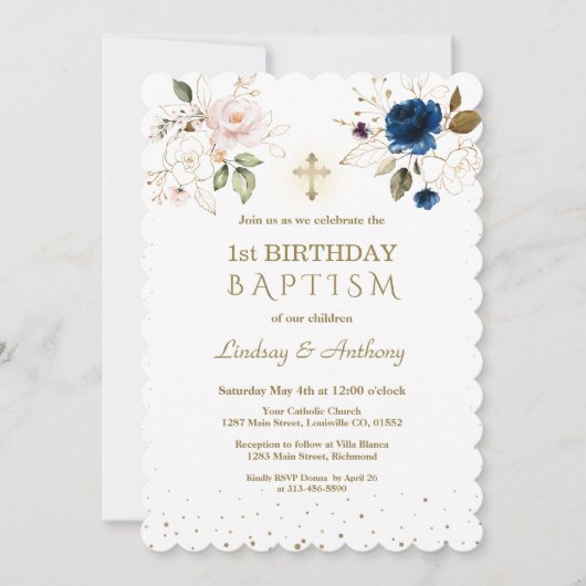 Invitation Fleurs d'or rose bleu Jumeaux 1er anniversaire Bap (Devant)