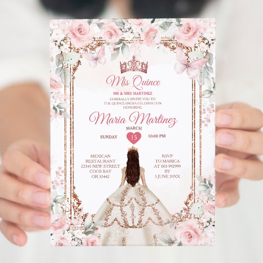 Invitation Fleurs d'or rose et cuivre Princess Mis Quince