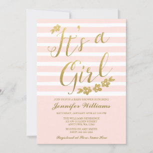 Invitation Fleurs d'or rose pâle Faux Baby shower fille