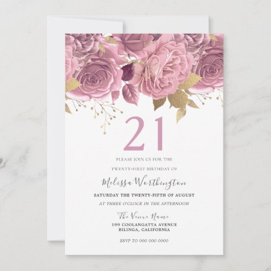 Invitation Fleurs d'or rose pâle Filles 21e fête d'anniversai (Devant)
